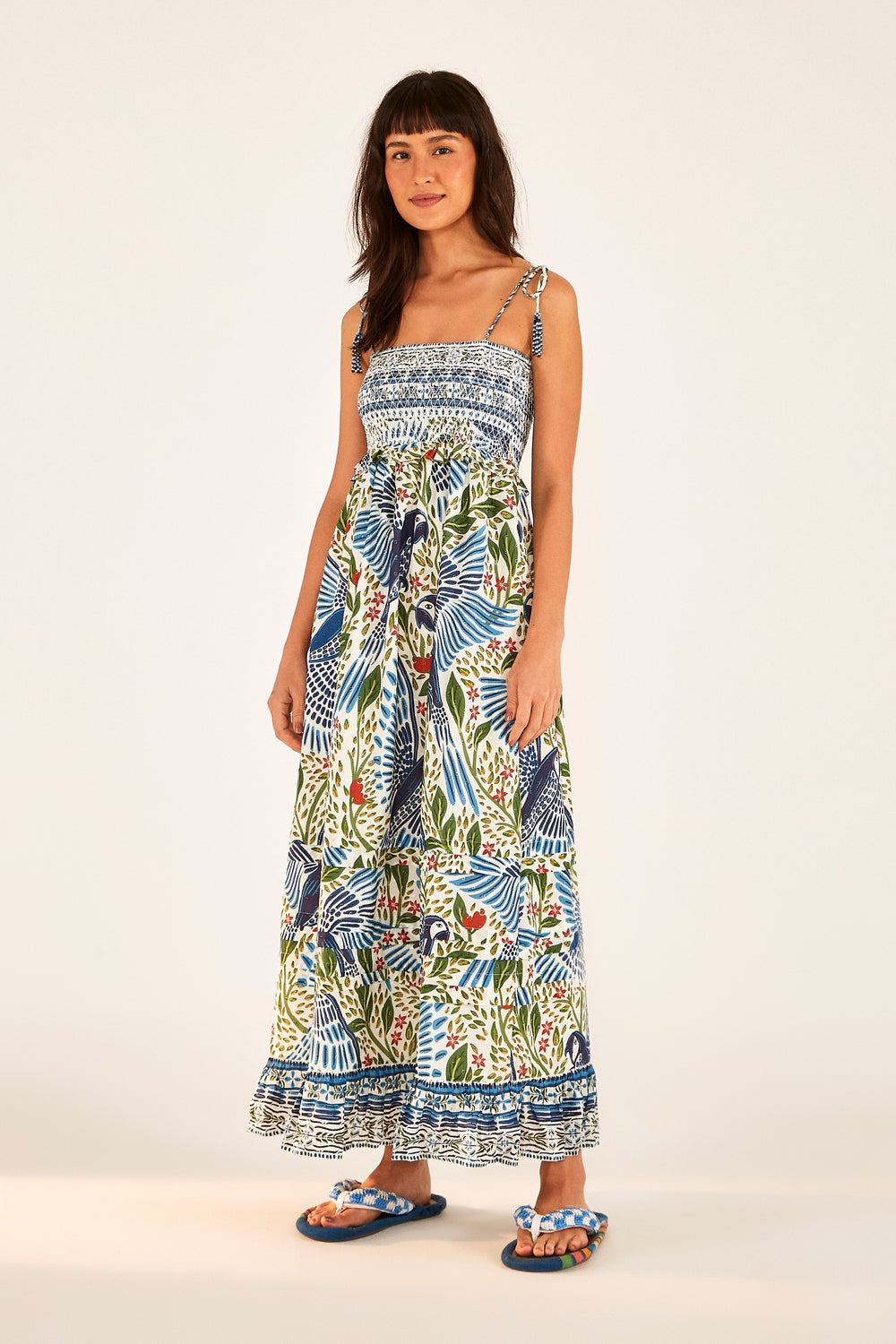 Smocked Maxi Dress Off White Macaw Flight – FARM Rio