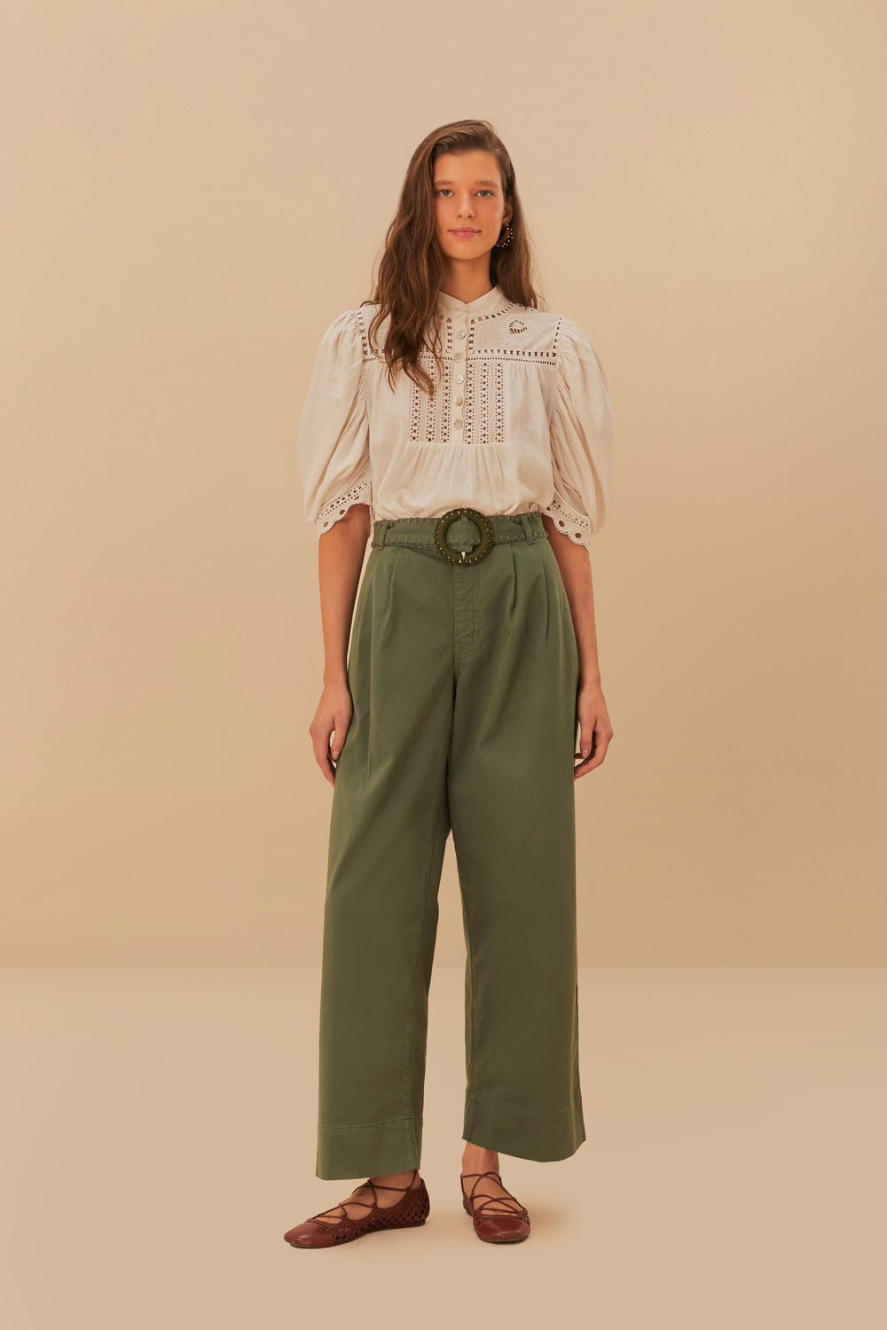 Green Twill Pleated Wide Pants – FARM Rio