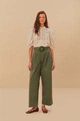 Green Twill Pleated Wide Pants – FARM Rio
