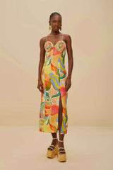 Multicolor Ocean View Twisted Cups Euroflax™ Premium Linen Midi Dress – FARM Rio