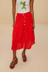 Red Mixed Buttons Euroflax™ Premium Linen Midi Skirt – FARM Rio