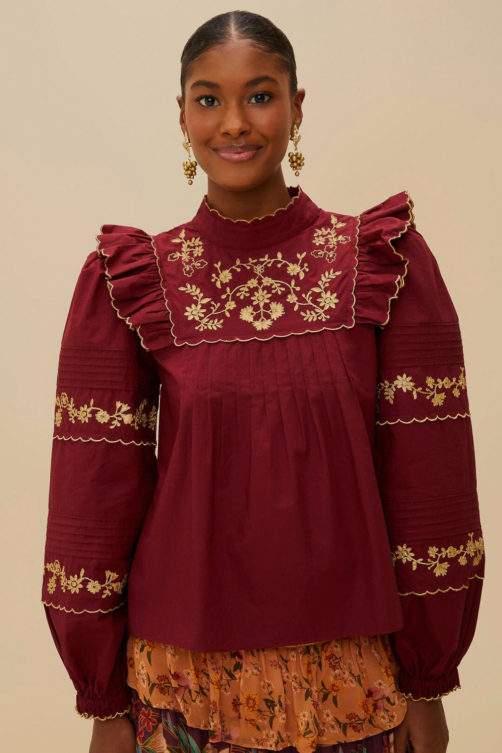 Burgundy Golden Embroidered Organic Cotton Blouse – FARM Rio