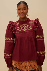 Burgundy Golden Embroidered Organic Cotton Blouse – FARM Rio