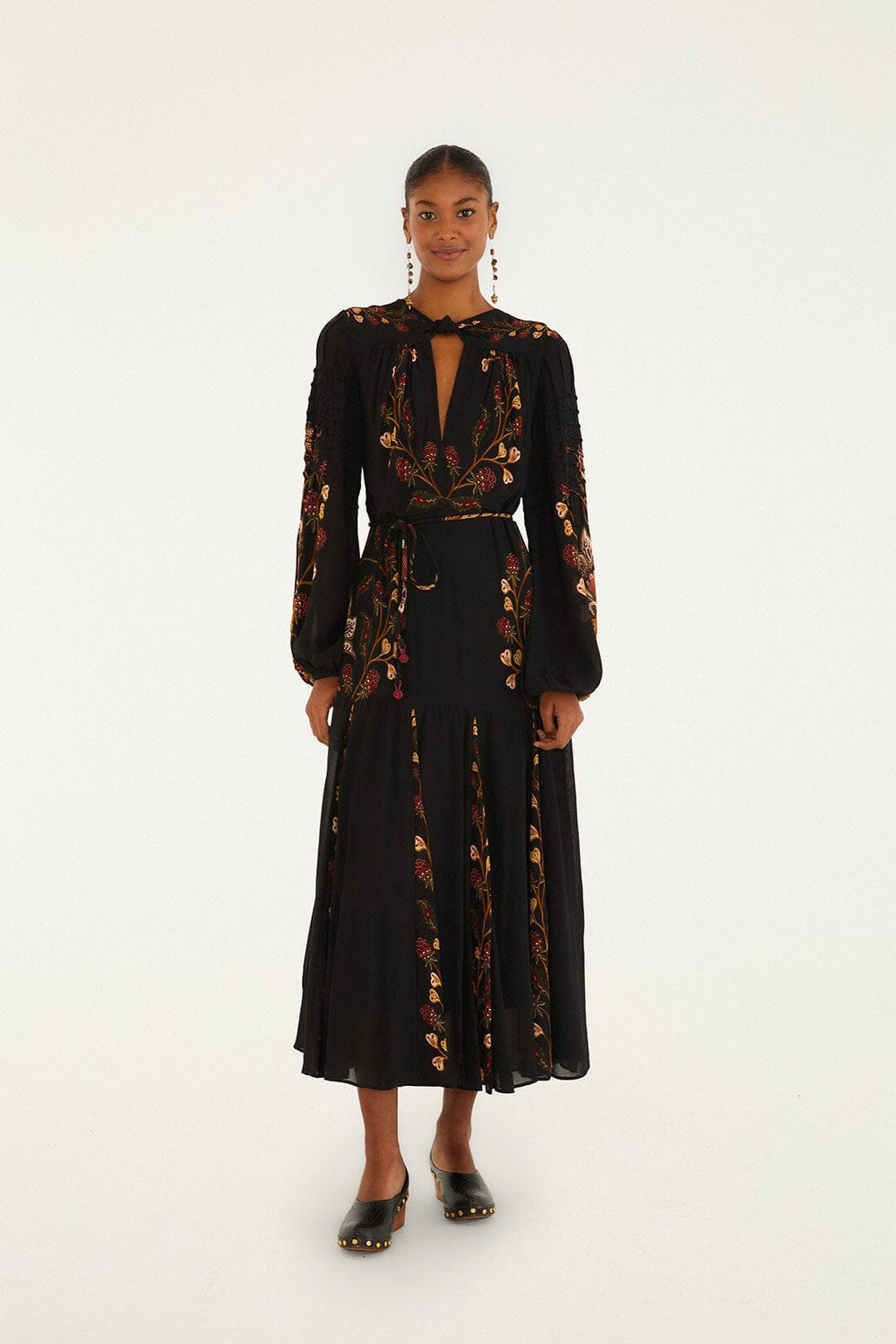 Black Berry Garden Long Sleeve Pleated Maxi Dress