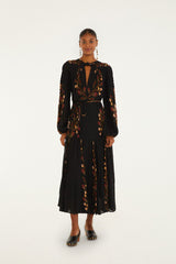 Black Berry Garden Long Sleeve Pleated Maxi Dress