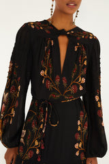 Black Berry Garden Long Sleeve Pleated Maxi Dress