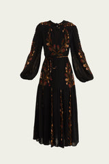 Black Berry Garden Long Sleeve Pleated Maxi Dress