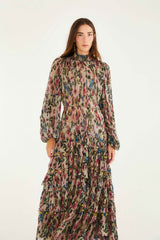 Pink Blurred Tiny Flowers Long Sleeve Maxi Dress