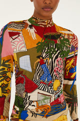 Multicolor Tropical Long Sleeve Turtleneck Blouse