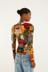 Multicolor Tropical Long Sleeve Turtleneck Blouse