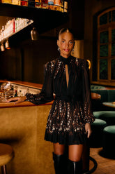 Black Garden 3d Rose Long Sleeve Ruffled Mini Dress