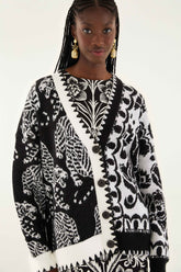 Black & White Mixed Striped Tigers Buttoned Knit Cardigan