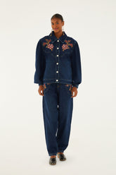 Denim Floral Embroidery Pants