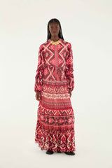 Red Graphic Ainika Belted Tiered Maxi Dress