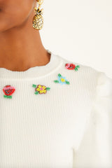 Off-White Flower Embroidery Knit Top