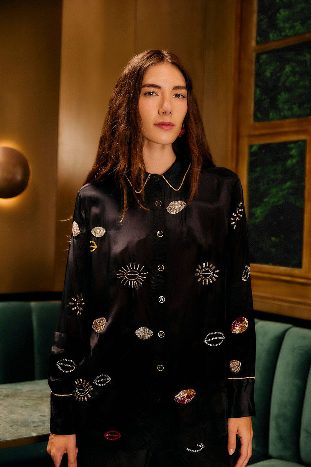 Black Beaded Kisses Buttoned Pajama Shirt