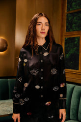 Black Beaded Kisses Buttoned Pajama Shirt