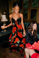 Black Latin Roses 3d Flower Layered Maxi Dress