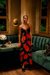 Black Latin Roses 3d Flower Layered Maxi Dress