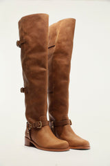Brown Distressed Leather Buckled Over-The-Knee Boot