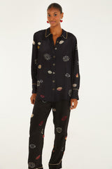 Black Beaded Kisses Side Pockets Pajama Pants