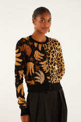 Mixed Banana Leopard Buttoned Cardigan