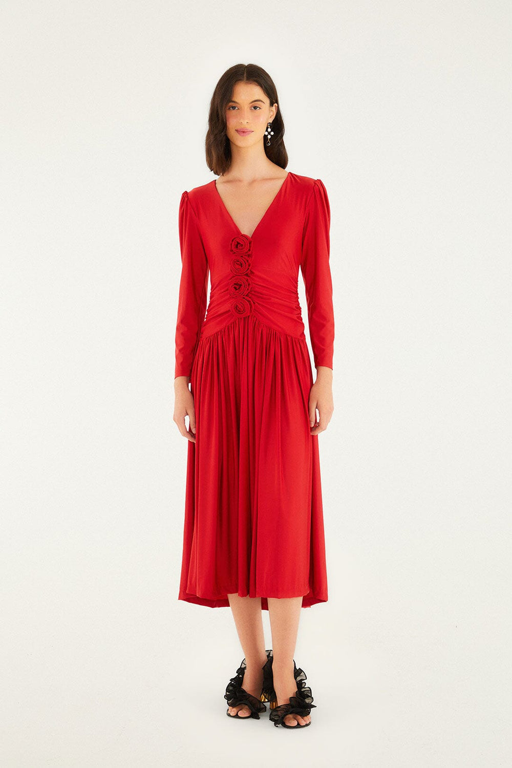 Red 3d Roses Long Sleeve Draped Midi Dress