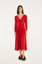 Red 3d Roses Long Sleeve Draped Midi Dress
