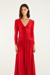 Red 3d Roses Long Sleeve Draped Midi Dress