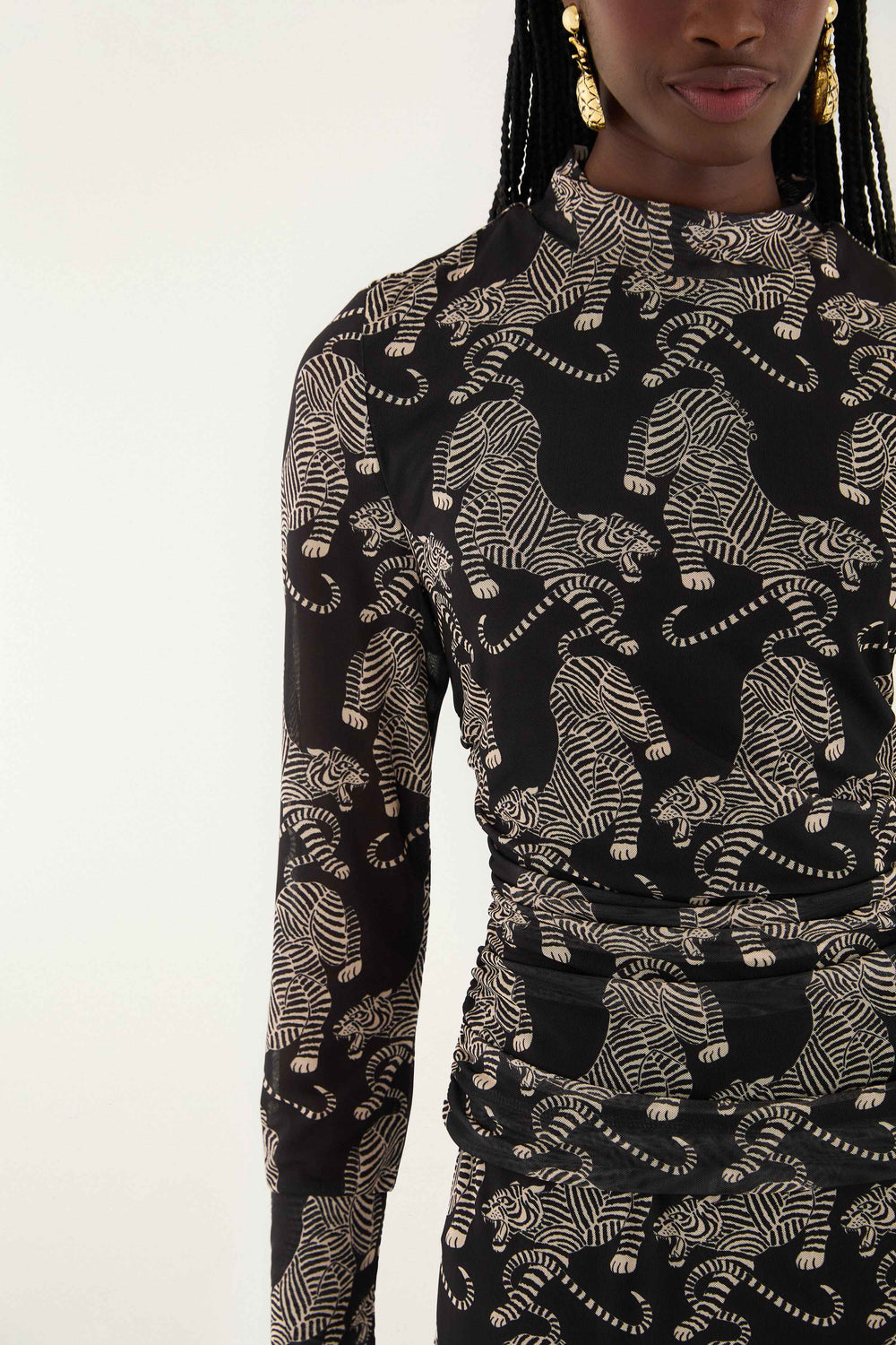 Black Striped Tigers Long Sleeve Tulle Blouse