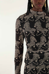 Black Striped Tigers Long Sleeve Tulle Blouse