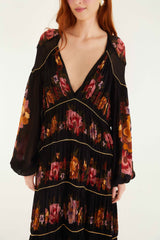 Black Chenille Flowers Long Sleeve Midi Dress