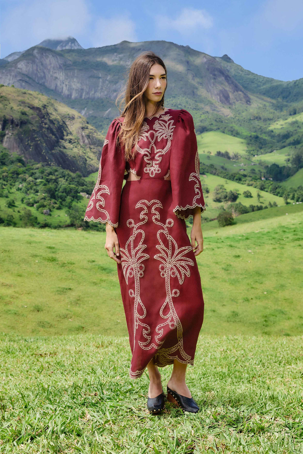 Red Artisanal Cut-Out Embroidered Euroflax� Premium Linen Maxi Dress
