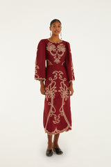 Red Artisanal Cut-Out Embroidered Euroflax� Premium Linen Maxi Dress