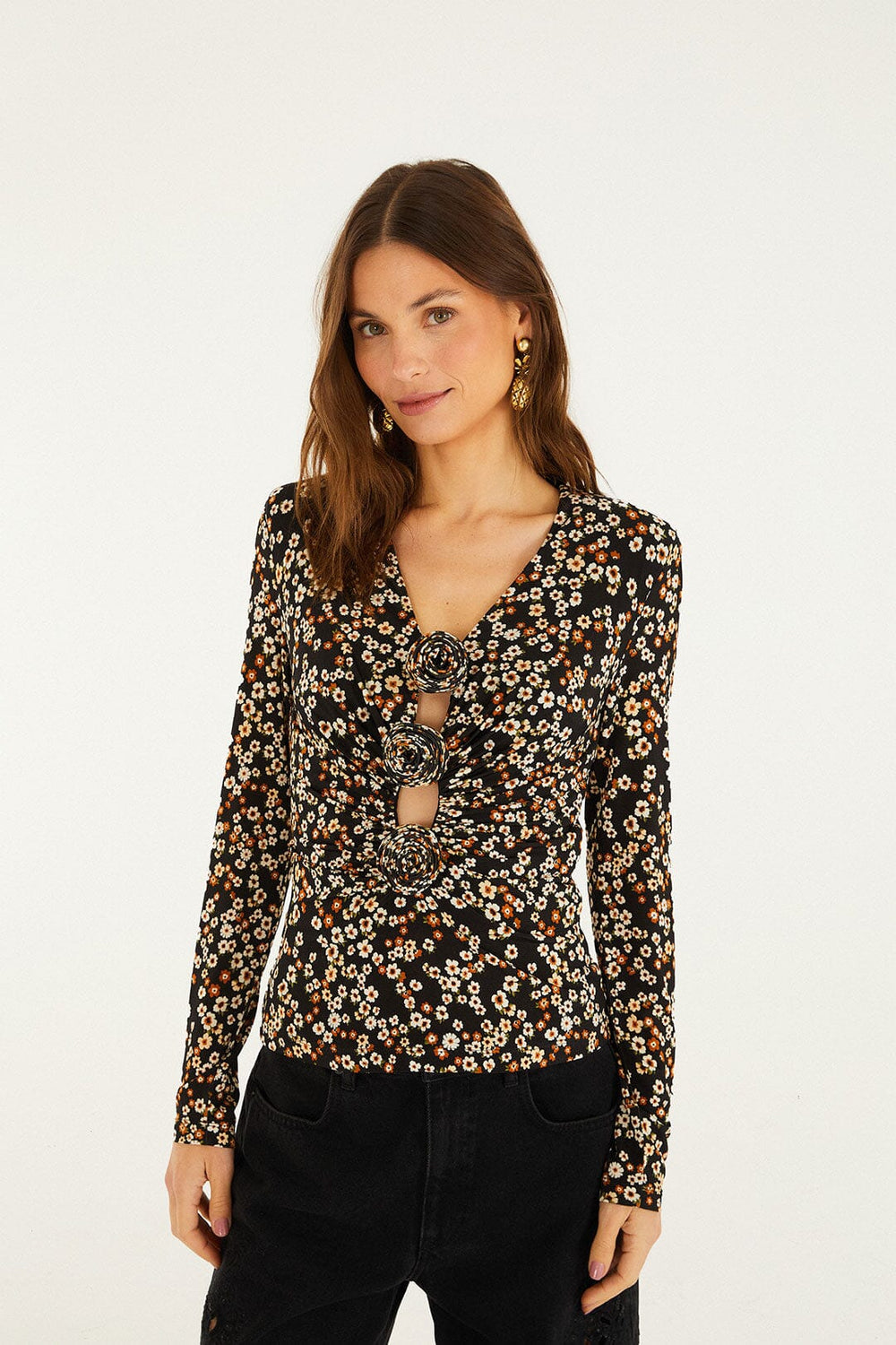Black Tiny Flowers Jersey Blouse