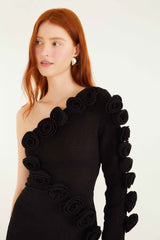 Black 3d Rose One-Shoulder Midi Dress