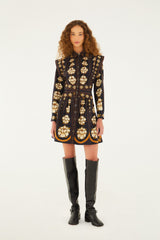 Black Bold Flowers Long Sleeve Organic Cotton Mini Dress
