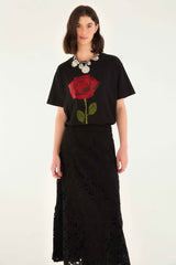Black Flowered Lace Midi Skirt