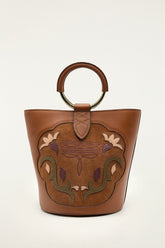 Brown Western Embroidered Leather Bucket Bag