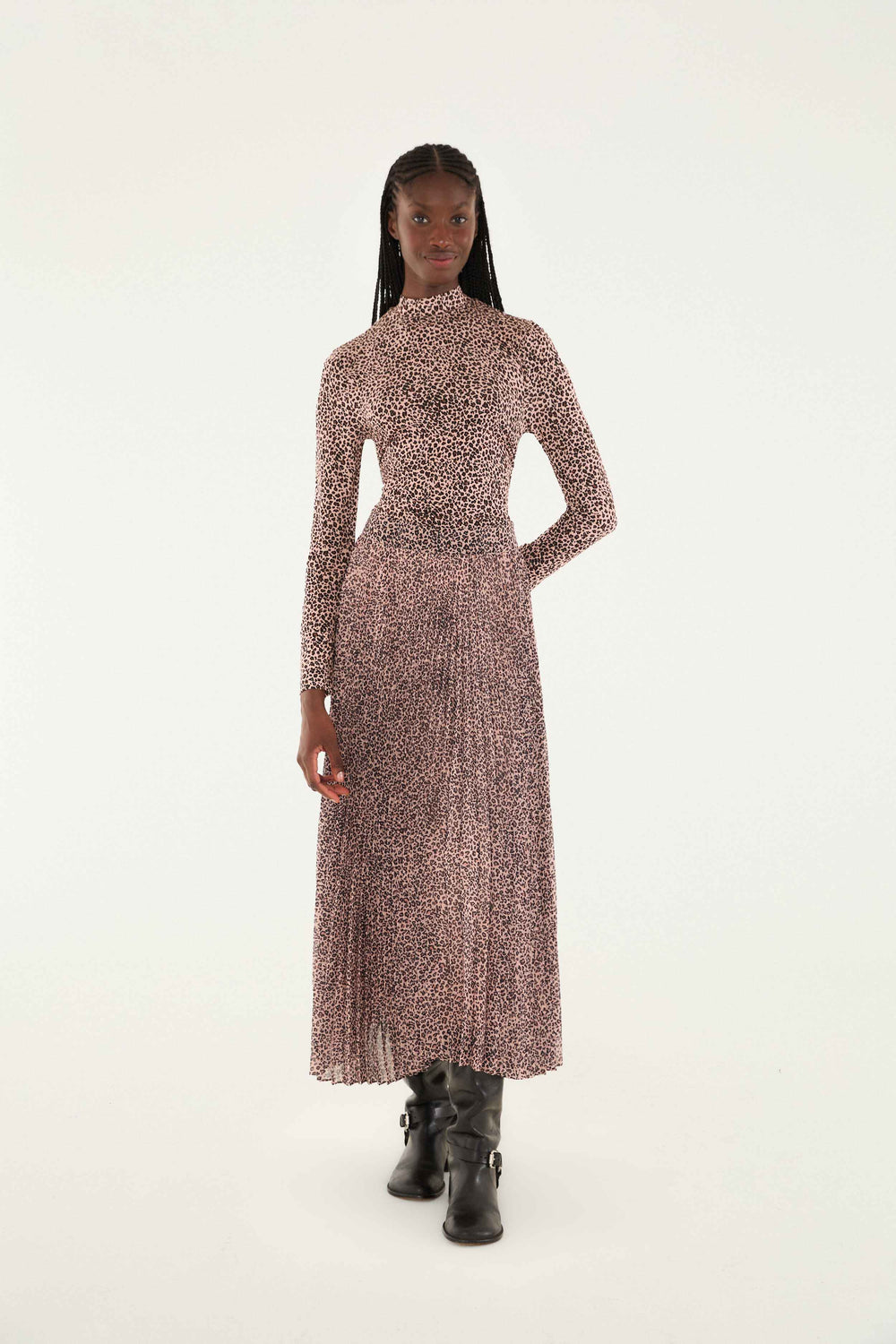 Pink Baby Leopard Pleated Maxi Skirt