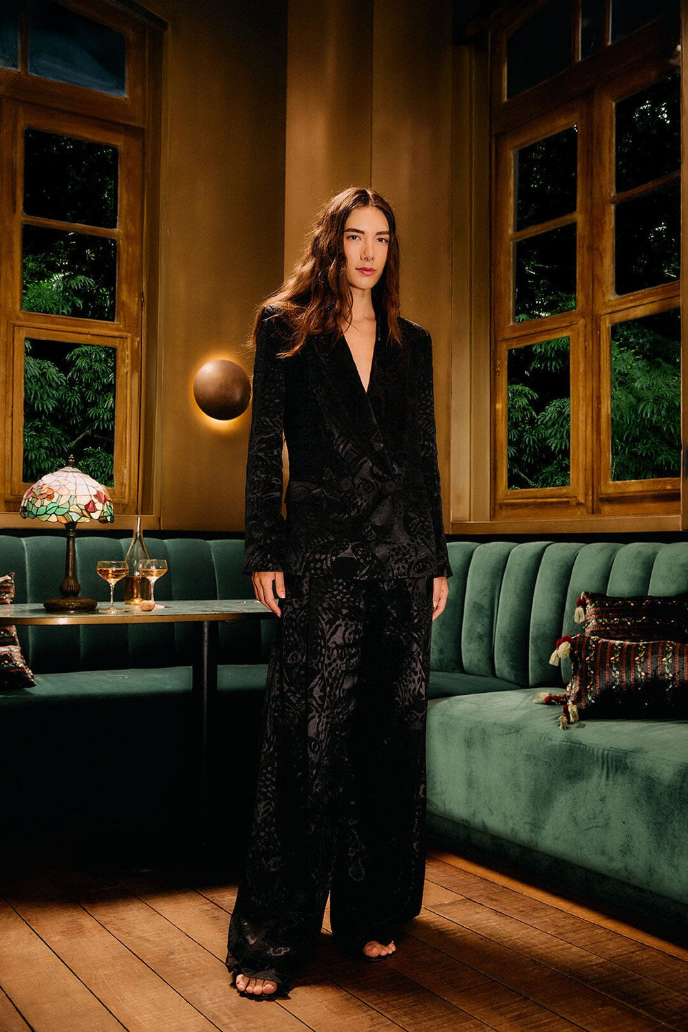 Black Leopard Wide-Leg Jacquard Pants