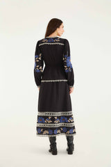 Black Bold Flowers Long Sleeve Midi Dress