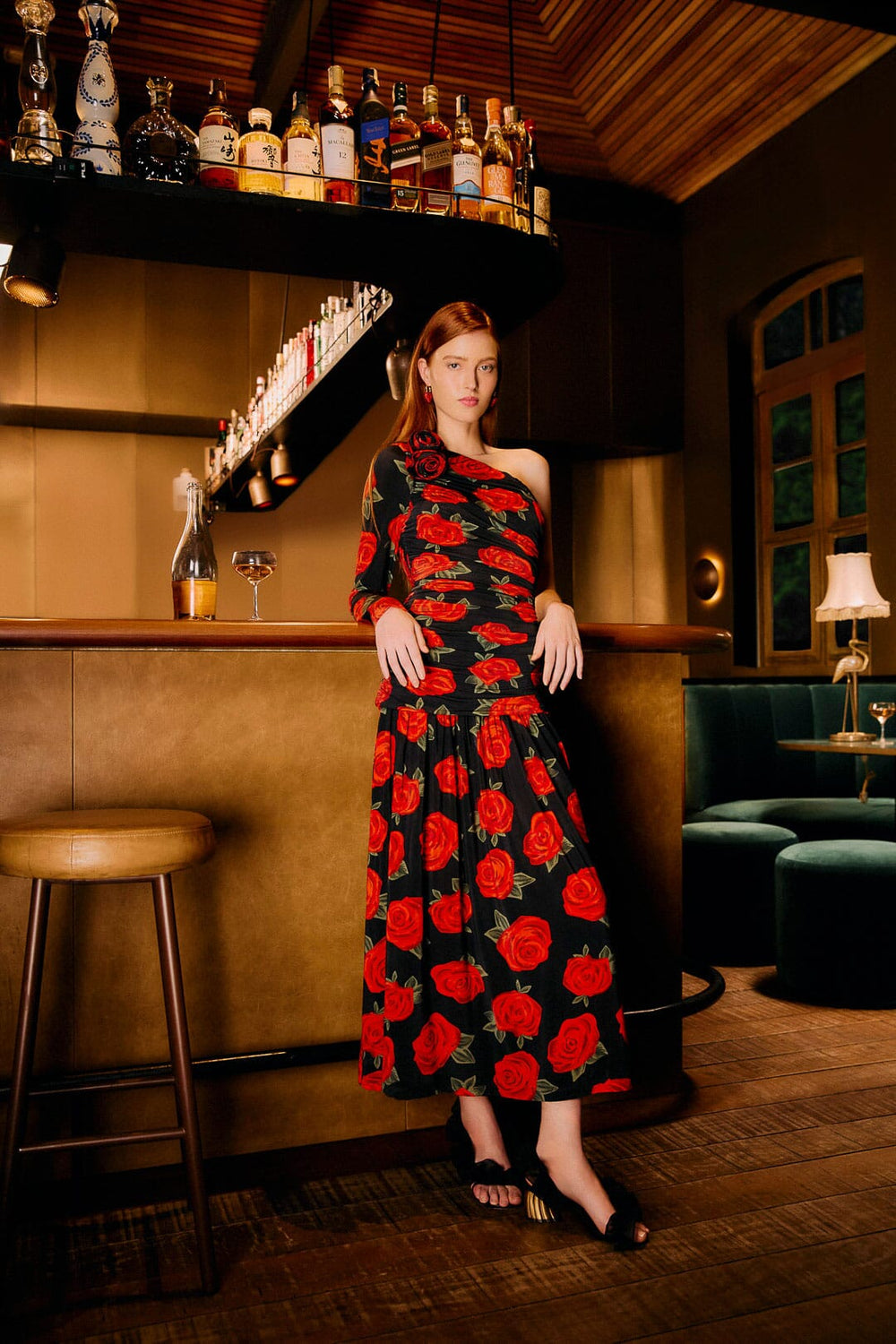 Black Latin Roses 3d Flower One-Shoulder Draped Maxi Dress