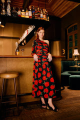 Black Latin Roses 3d Flower One-Shoulder Draped Maxi Dress