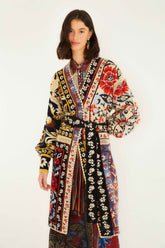 Mixed Flower Print Patchwork Knit Midi Cardigan