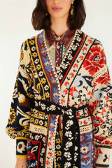 Mixed Flower Print Patchwork Knit Midi Cardigan