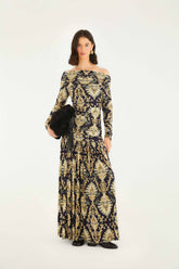 Navy Blue Wonderful Arabesque Off-Shoulder Maxi Dress