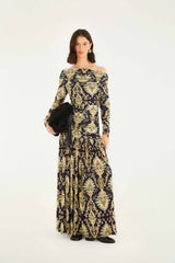 Navy Blue Wonderful Arabesque Off-Shoulder Maxi Dress