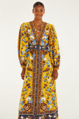 Yellow Flowering Garden Tree Organic Cotton Maxi Dress