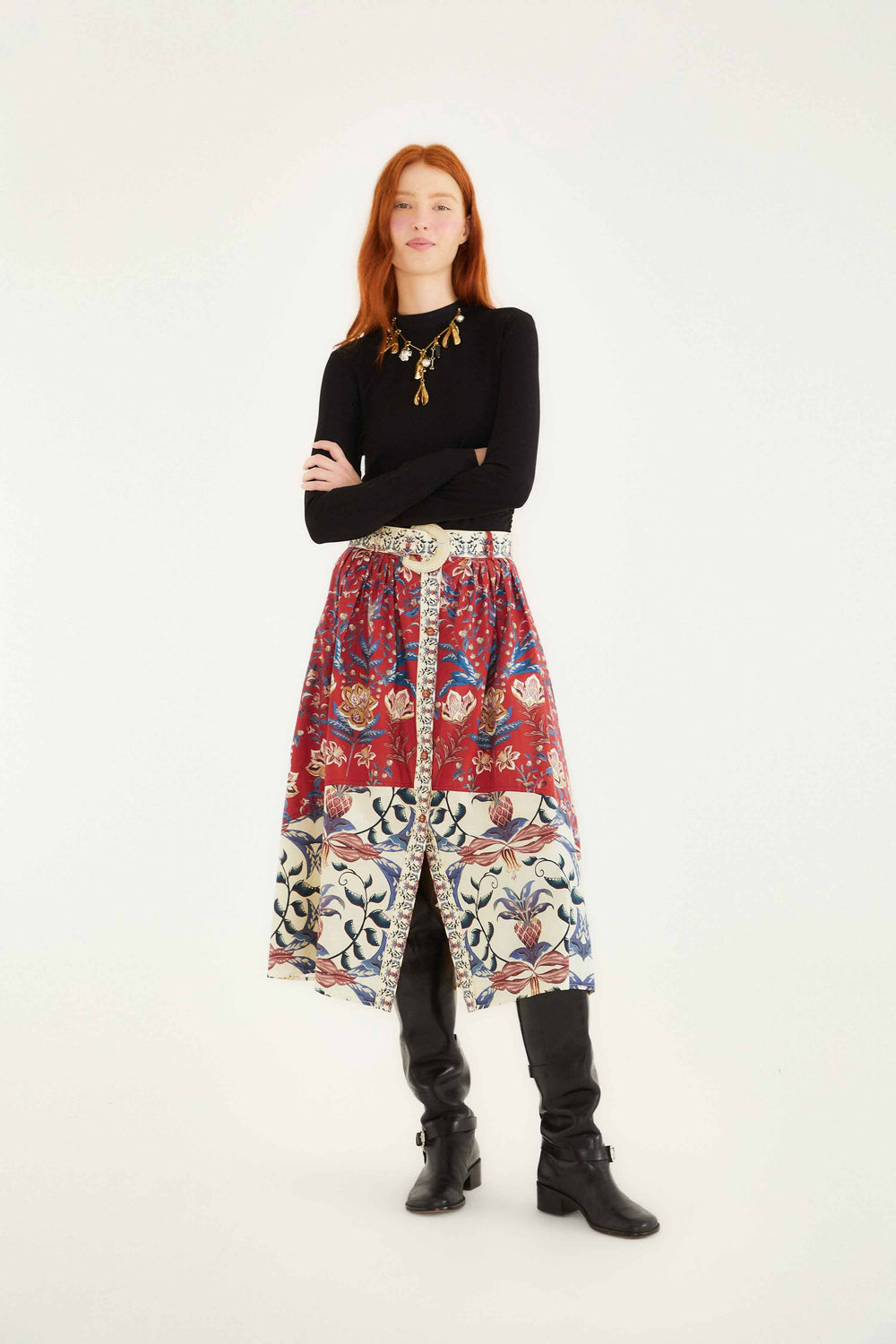 Red Winter Breeze Buttoned Belted Organic Cotton Midi Skirt